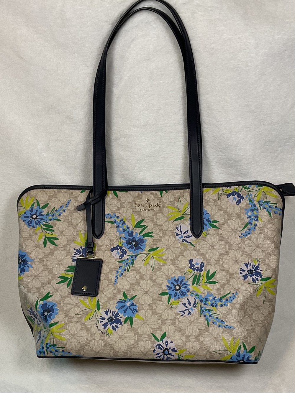 kate spade Beige Floral Large Tote with Navy Handles